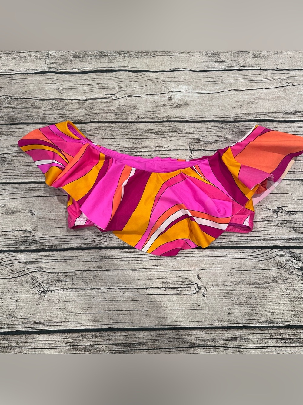 Trina Turk Pink & Mustard Off-Shoulder Ruffled Bikini Top, Mod Patterned, Size 6